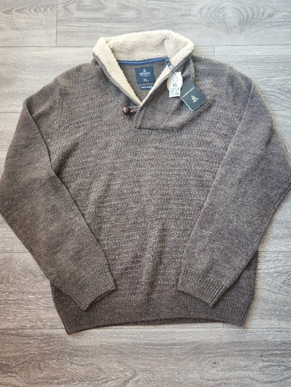 NWT Brown Sweater with Sherpa Trim Neckline & Front Button Men's XL Wool Blend